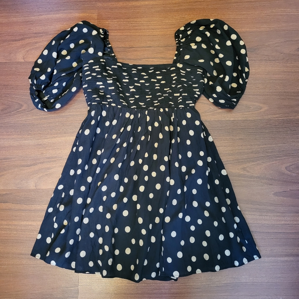 NWT Abercombie & Fitch Emerson Ruched Puff Sleeve Mini Dress in Black Polka Dot